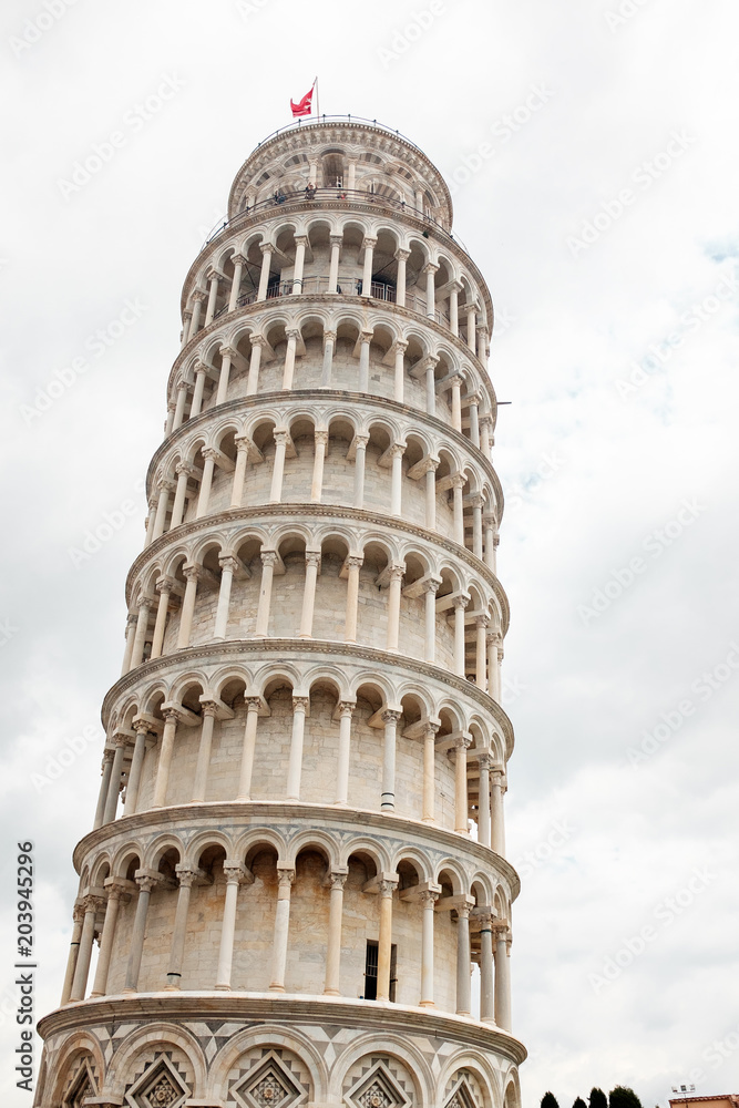 Travel in Italy. Architecture of Pisa. Leaning Tower of Pisa on a sky background