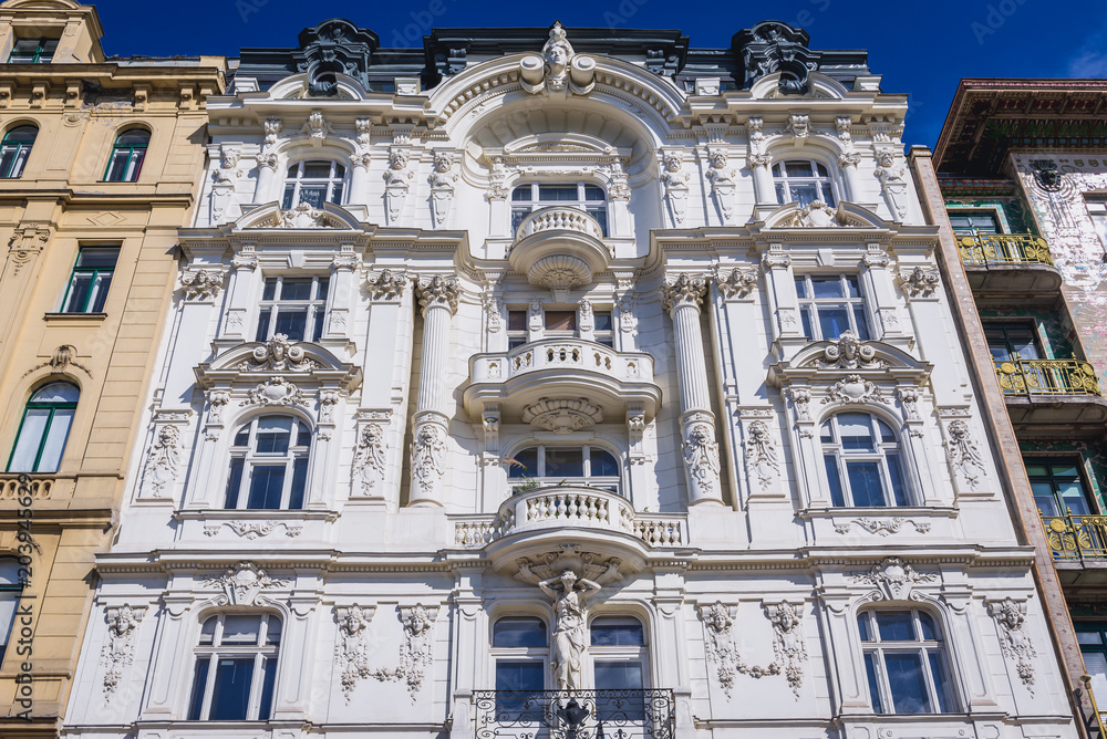 Decorated facade of tenement house in Vienna city, capital of Austria