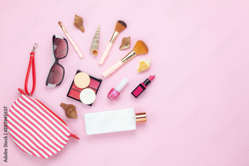Table top view women fashion & beauty for travel summer holiday background concept.Flat lay accessories objects sun glasses & sun block body lotion on modern rustic pink paper wallpaper and copy space Table top view women fashion & beauty for travel summer holiday background concept.Flat lay accessories objects sun glasses & sun block body lotion on modern rustic pink paper wallpaper and copy space