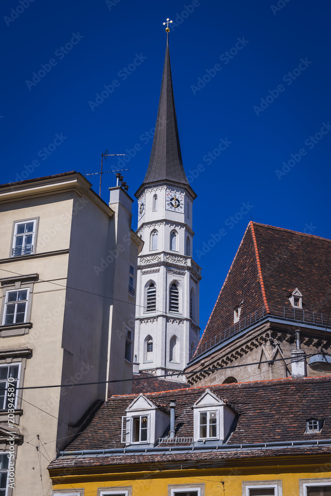 Bell tower of St Michael church in Vienna city, capital of Austria