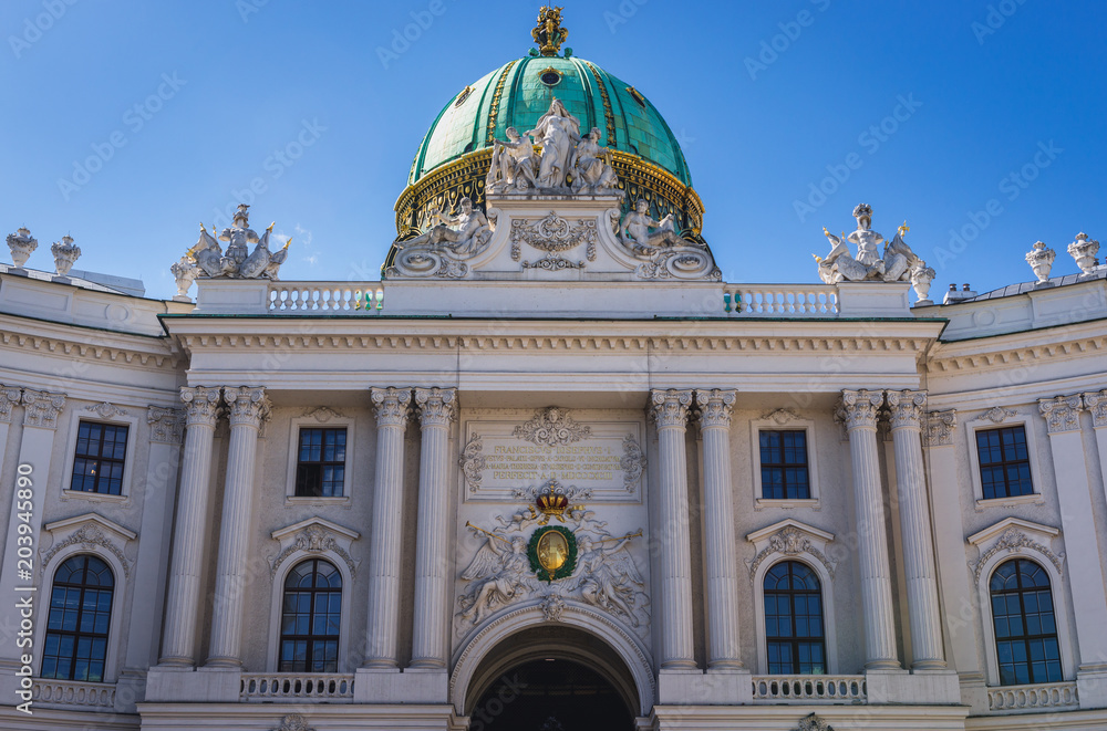 Part of Hofburg Palace - Saint Michael Wing seen from Saint Michael Square in Vienna city, capital of Austria