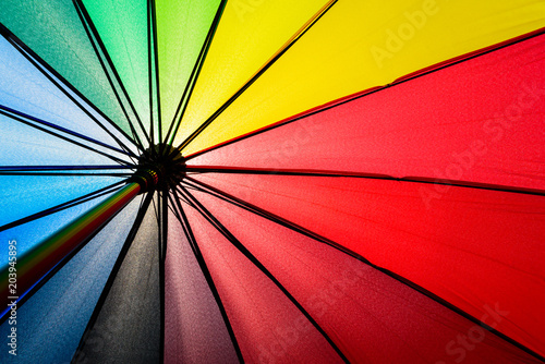Bottom view of Rainbow umbrella texture background. Summer holiday and vacation concept.