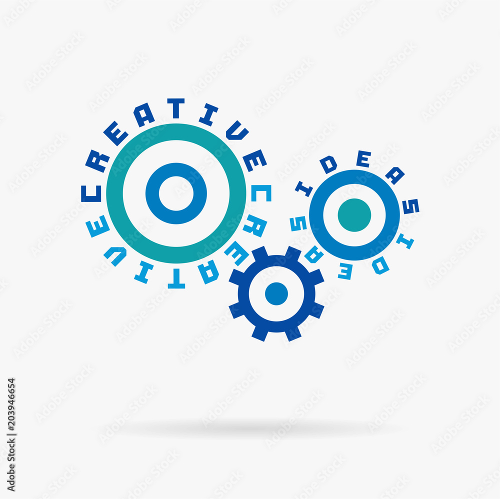 Connected cogwheels. Creative ideas words. Integrated gears and text. Inspiration, development plan, startup challenge idea. Typography system concept. Cog wheel solution mechanism. Vector infograph. Connected cogwheels. Creative ideas words. Integrated gears and text. Inspiration, development plan, startup challenge idea. Typography system concept. Cog wheel solution mechanism. Vector infograph.