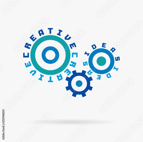 Connected cogwheels. Creative ideas words. Integrated gears and text. Inspiration, development plan, startup challenge idea. Typography system concept. Cog wheel solution mechanism. Vector infograph.