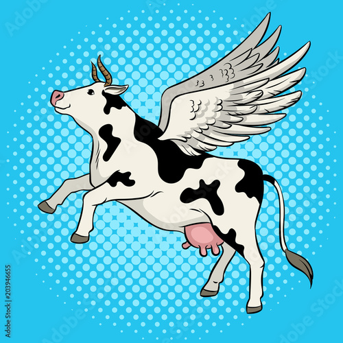 Flying cow farm animal pop art vector illustration
