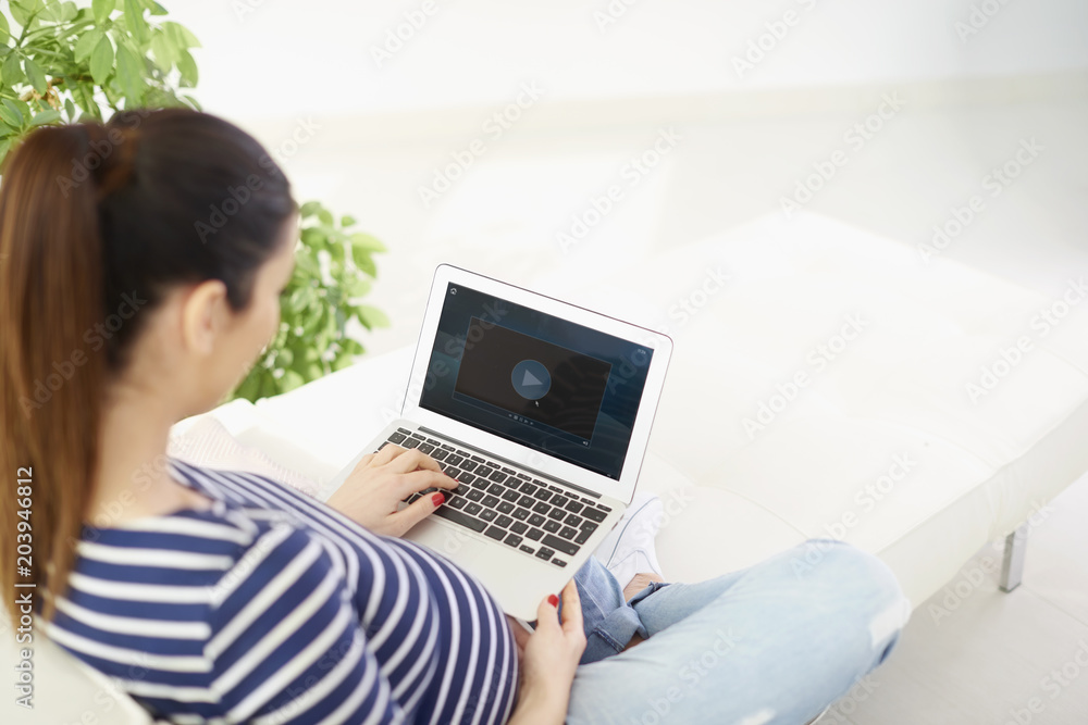 Pregnant woman with her laptop. Rear view shot of pregnant woman with laptop sitting at home and checking e-mails. Pregnant woman with her laptop. Rear view shot of pregnant woman with laptop sitting at home and checking e-mails.