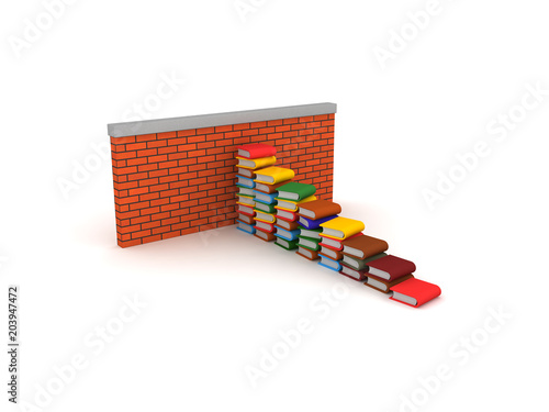 3D illustration of book stairway in front of brick wall