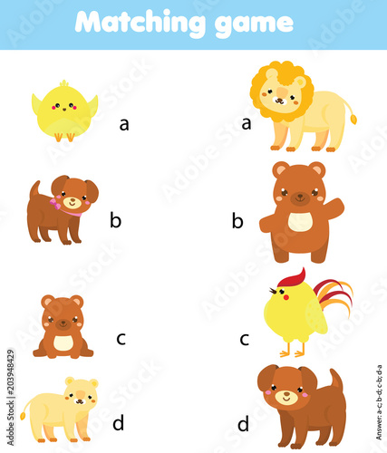 Matching game. Match animal parent with baby. Educational children activity  Stock Vector