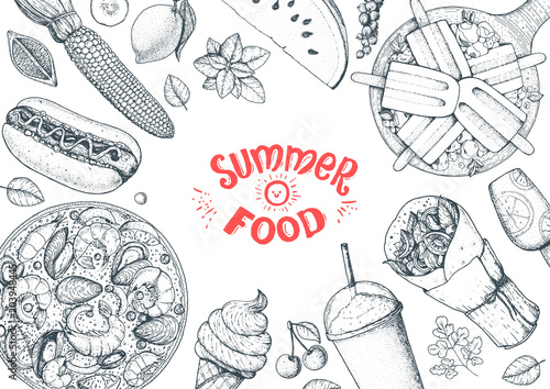 Summer food vector illustration. Variety food sketch collection. Top view engraved illustration.