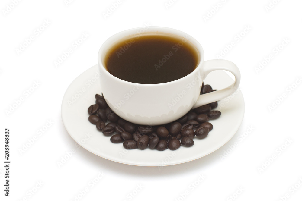 Cup coffee with saucer and coffee beans isolated on a white background Cup coffee with saucer and coffee beans isolated on a white background