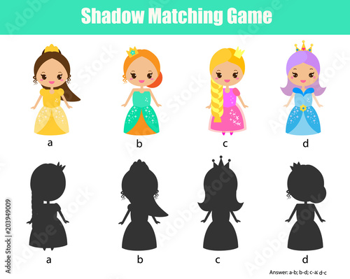 Shadow matching game. Kids activity with beautiful princess