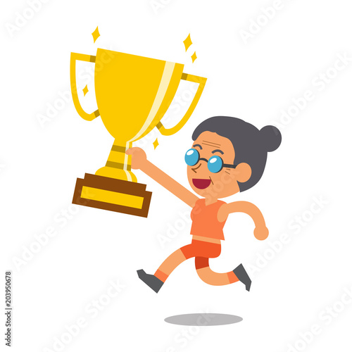 Vector cartoon sport senior woman holding big gold trophy cup award