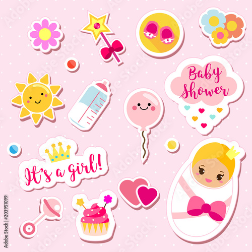 It's a girl stickers set in pink colors. Kids, children design elements for scrapbook. Decorative vector icons with newborn symbols for baby shower and other nursery design