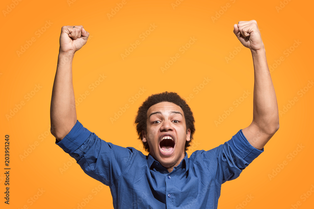 Fototapeta premium Winning success man happy ecstatic celebrating being a winner. Dynamic energetic image of male model