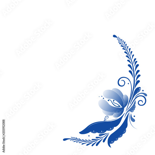 Russian classic ornament in Russian gzhel style. Vector blue flowers and leaves on white background. photo