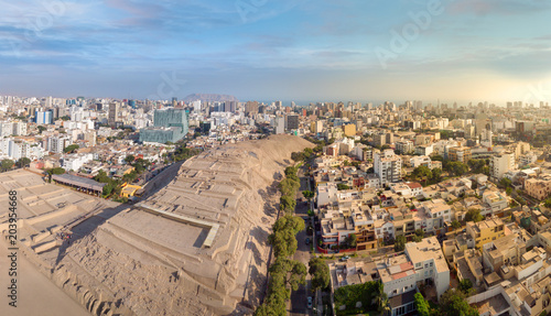 Aerial view of the Huaca Pucllana archeological complex and Miraflores district, in Lima, Peru. photo