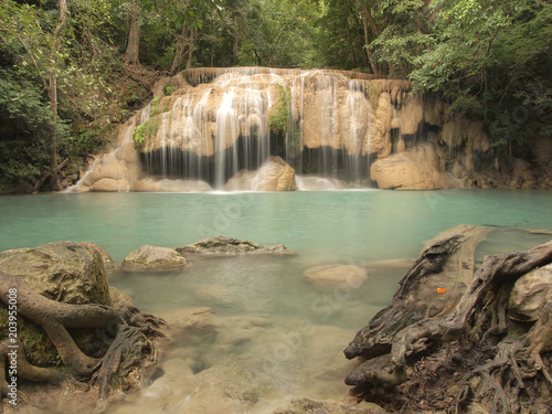 Beautiful and breathtaking green waterfall, Erawan Waterfall at Kanchanaburi, Thailand