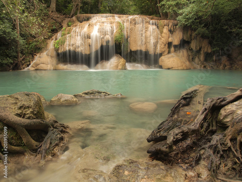 Beautiful and breathtaking green waterfall, Erawan Waterfall at Kanchanaburi, Thailand