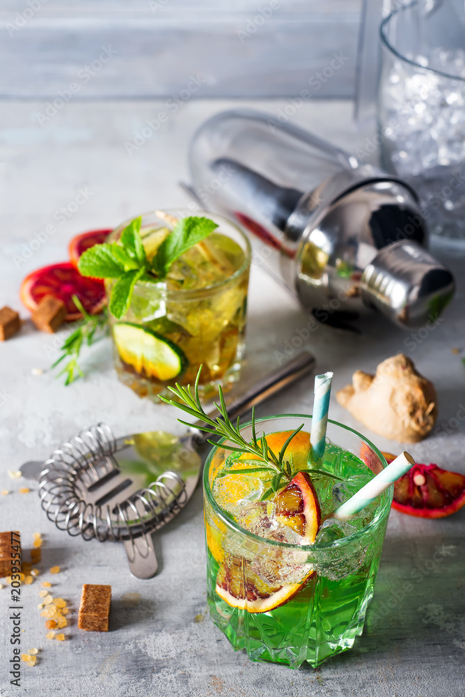 Caipirinha, Mojito cocktail, vodka or soda drink with lime, mint and straw