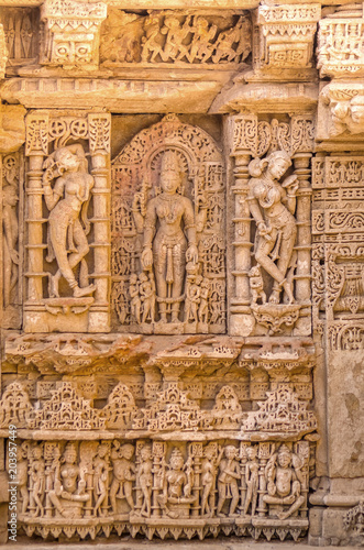 Sculptures of god and goddesses at Rani ki vav in Patan, Gujarat © sharadraval