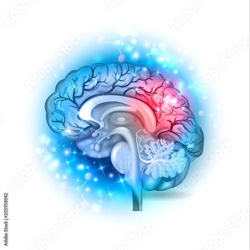 Human brain treatment concept. Abstract blue technology background with cardiogram.