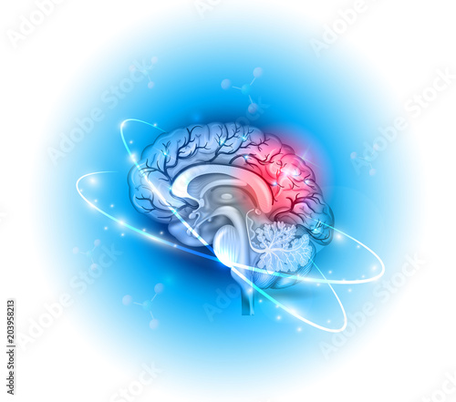 Human brain treatment concept. Abstract blue technology background with cardiogram.