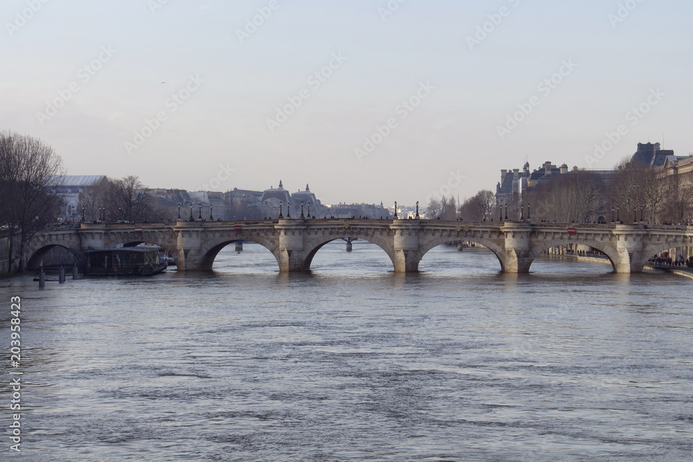 View of a historical bridge called Pont Neuf on Seine river in Paris.