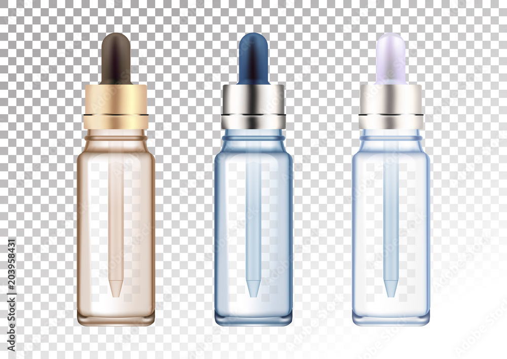 Set of vector realistic glass bottles in three colors. Cosmetic vials for oil, liquid essential, collagen serum. Vector illustration isolated on white-transparent background. In blue color. Set of vector realistic glass bottles in three colors. Cosmetic vials for oil, liquid essential, collagen serum. Vector illustration isolated on white-transparent background. In blue color.