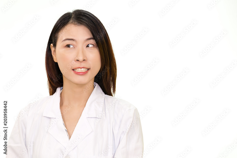 Asian female doctor looking away from camera Asian female doctor looking away from camera