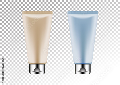 Vector empty silver and pink and blue package for cosmetic products tube for lotion, shower gel, shampoo, cream. Realistic mockup of plastic container isolated on white-transparent background.