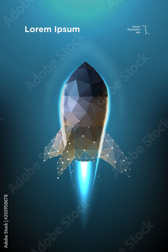 Rocket. Start Spaceship. Takeoff Spacecraft. Illustration is executed in the form of particles, geometric art, lines and points in the form of a starry sky or space. Low poly wireframe mesh 