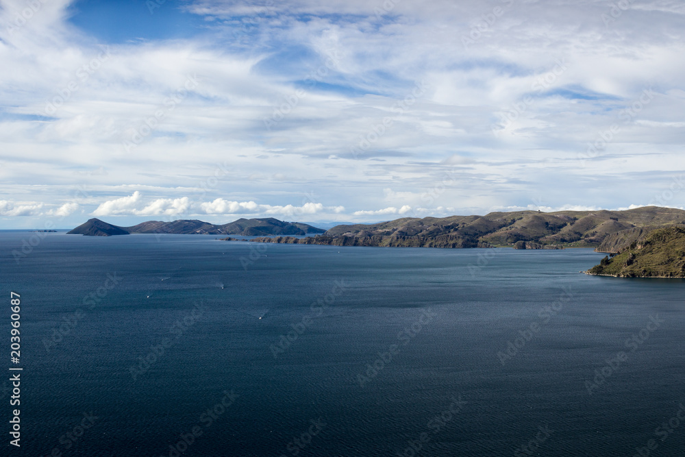 View of Lake Titicaca looking north towards Isla del Sol from Cerro Calvario, Copacabana, Bolivia