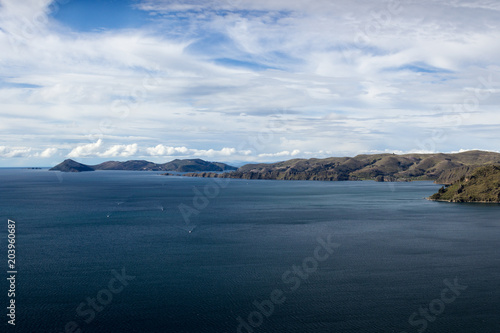 View of Lake Titicaca looking north towards Isla del Sol from Cerro Calvario, Copacabana, Bolivia