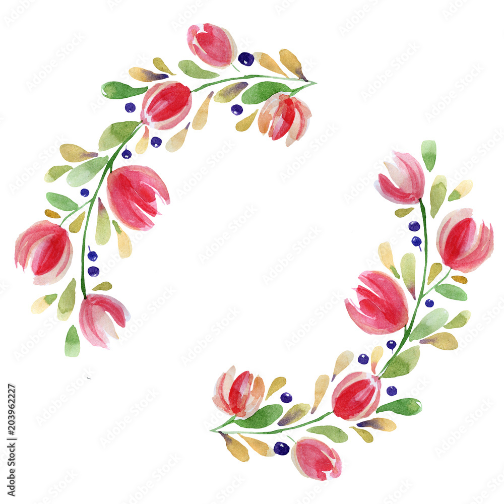 Watercolor flowers, leaves and berries on a white background Watercolor flowers, leaves and berries on a white background