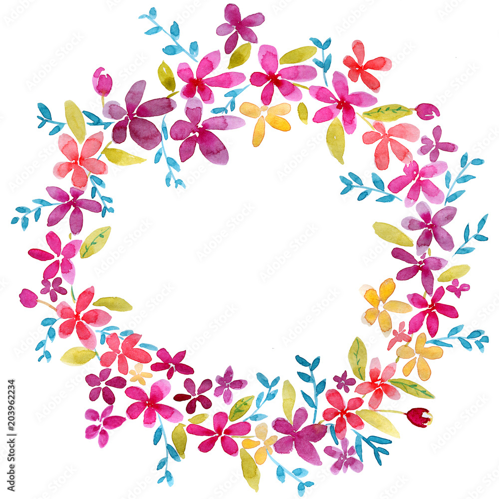 Fototapeta premium Watercolor round frame wreath of simple pink and yellow flowers