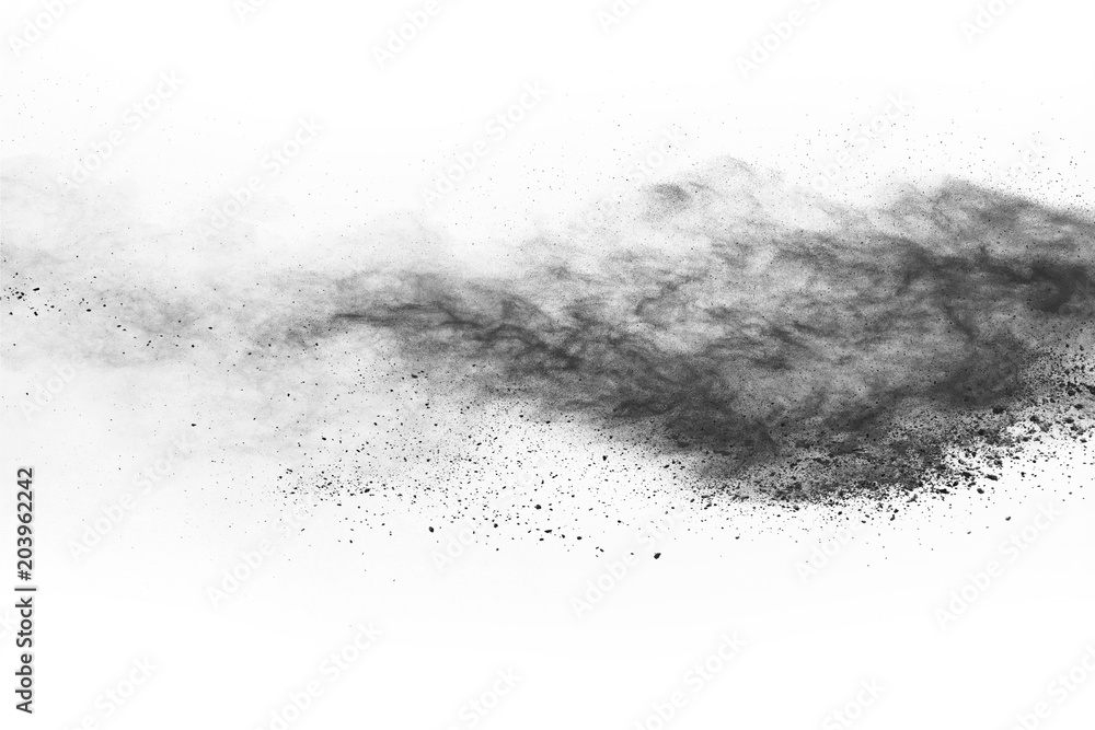 black powder explosion on white background. Colored cloud. Colorful dust explode. Paint Holi.