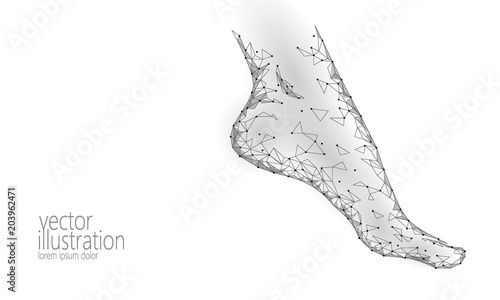 Human feet toe 3D low poly render. Polygonal gray white monochrome neutral color medical healthcare painful area. Medicine poster triangle point line leg anatomical woman foot vector illustration