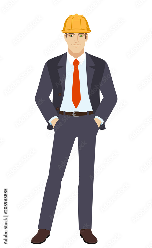 Businesswoman in construction helmet standing with hands in pockets Businesswoman in construction helmet standing with hands in pockets