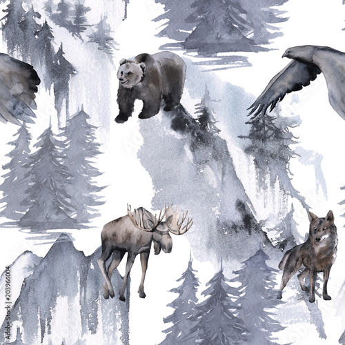 Background with an eagle, a bear, an elk and a wolf. Seamless pattern. 