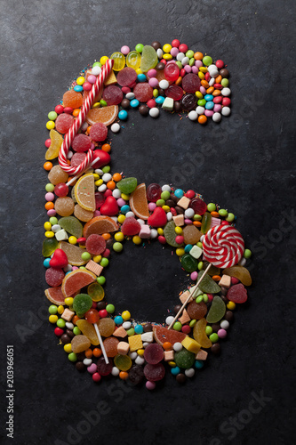 Number six made from candies