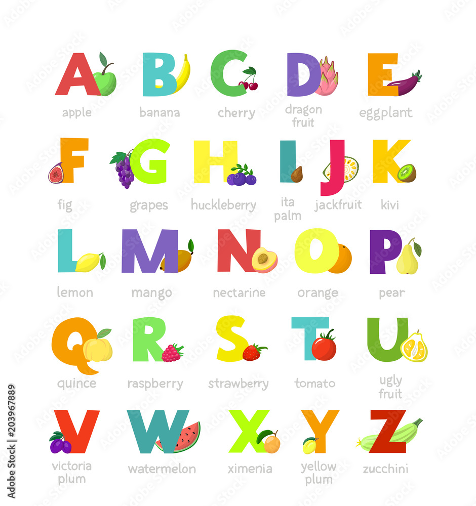 Fruit Alphabet Vector Alphabetical Vegetables Font And Fruity Apple ...