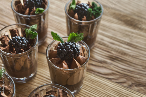 Chocolate mousse in glasses, closeup