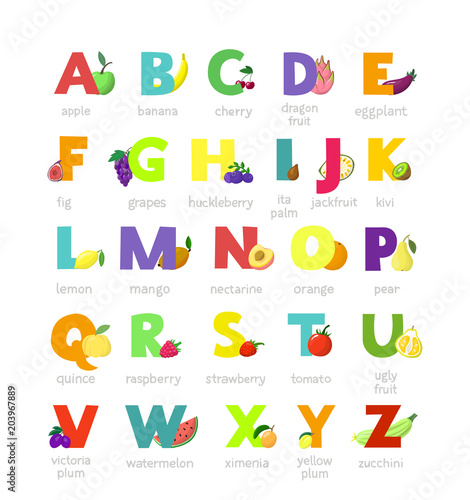 Fruit alphabet vector alphabetical vegetables font and fruity apple banana letter illustration alphabetically set of abc text with watermelon tomato and strawberry isolated on white background