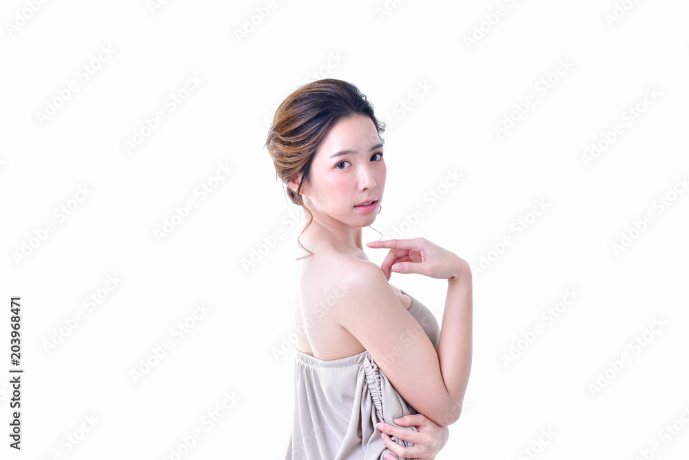 The concept of healthy beautiful woman. Beautiful women keep healthy. Beautiful women take care of skin health. Beautiful girl on white background The concept of healthy beautiful woman. Beautiful women keep healthy. Beautiful women take care of skin health. Beautiful girl on white background