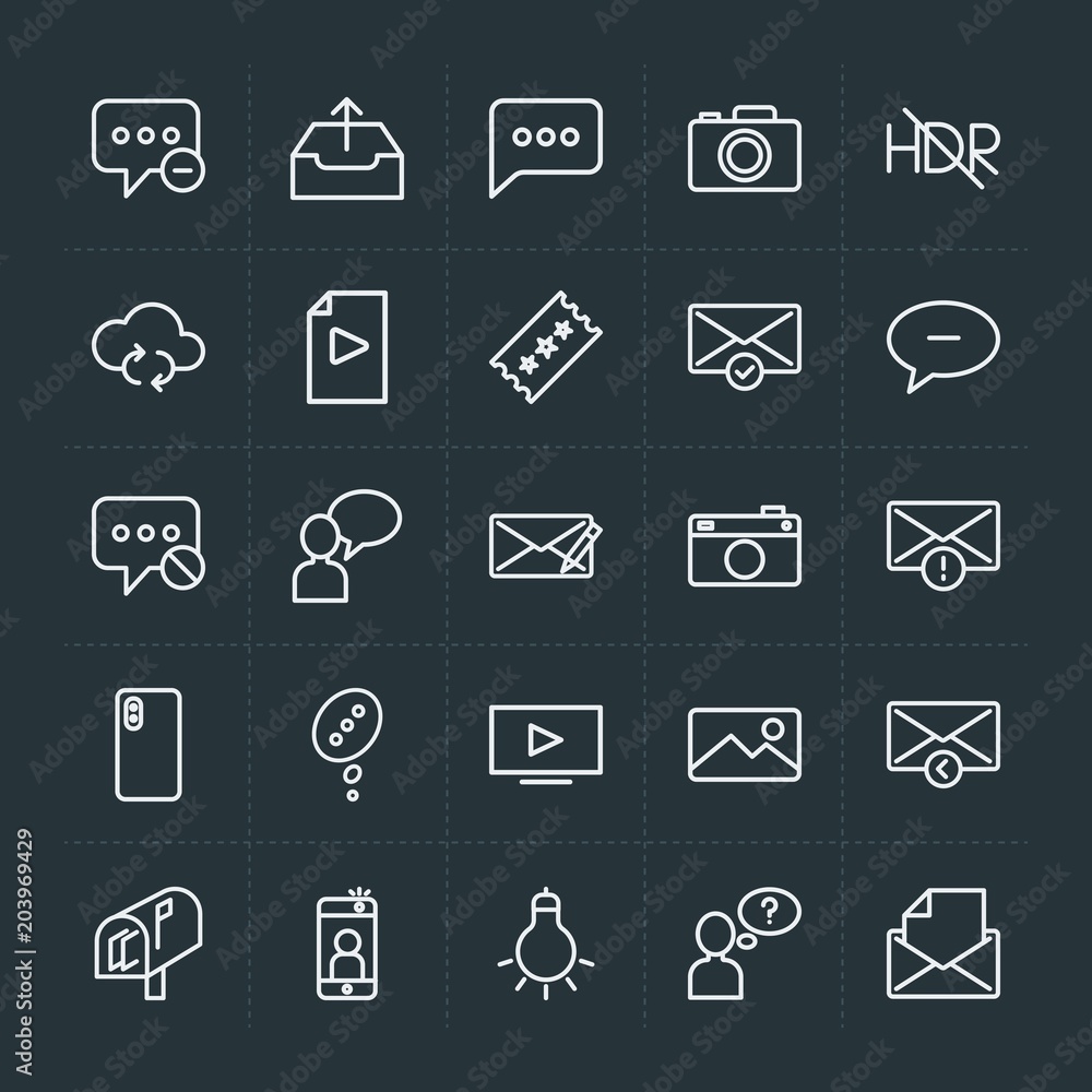 Modern Simple Set of cloud and networking, chat and messenger, video, photos, email Vector outline Icons. Contains such Icons as update and more on dark background. Fully Editable. Pixel Perfect. Modern Simple Set of cloud and networking, chat and messenger, video, photos, email Vector outline Icons. Contains such Icons as update and more on dark background. Fully Editable. Pixel Perfect.