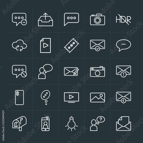 Modern Simple Set of cloud and networking, chat and messenger, video, photos, email Vector outline Icons. Contains such Icons as update and more on dark background. Fully Editable. Pixel Perfect.