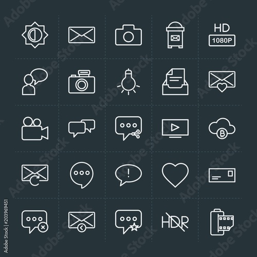 Modern Simple Set of cloud and networking, chat and messenger, video, photos, email Vector outline Icons. Contains such Icons as travel, hd and more on dark background. Fully Editable. Pixel Perfect.