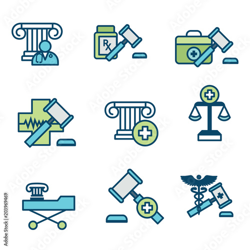 Medical Lawsuits with Pharmaceutical, negligence, & medical malpractice icon set