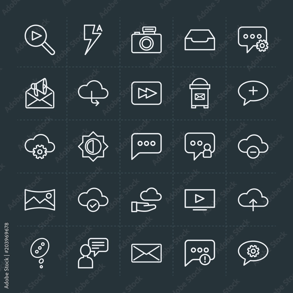 Modern Simple Set of cloud and networking, chat and messenger, video, photos, email Vector outline Icons. Contains such Icons as transfer and more on dark background. Fully Editable. Pixel Perfect. Modern Simple Set of cloud and networking, chat and messenger, video, photos, email Vector outline Icons. Contains such Icons as transfer and more on dark background. Fully Editable. Pixel Perfect.