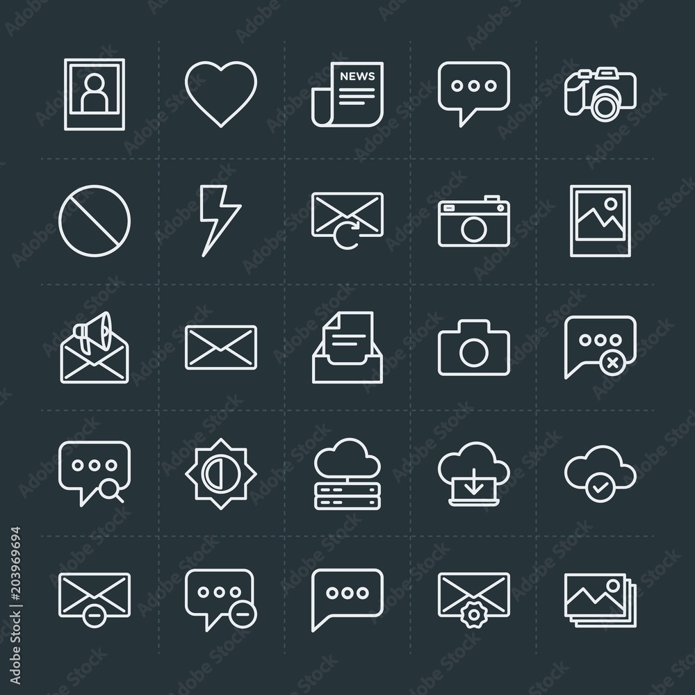 Modern Simple Set of cloud and networking, chat and messenger, video, photos, email Vector outline Icons. Contains such Icons as camera and more on dark background. Fully Editable. Pixel Perfect. Modern Simple Set of cloud and networking, chat and messenger, video, photos, email Vector outline Icons. Contains such Icons as camera and more on dark background. Fully Editable. Pixel Perfect.